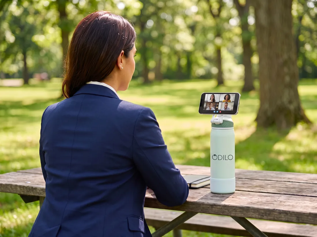 Botella personalizada con logo en una videollamada al aire libre