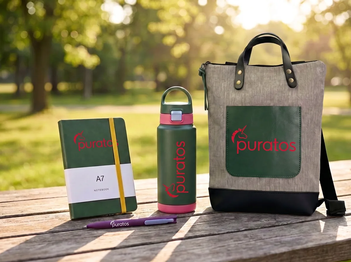 Libreta, botella y bolso personalizados con logo sobre una mesa al aire libre
